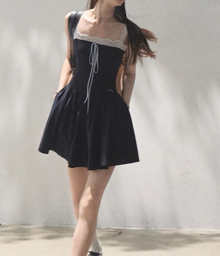 Spaghetti Strap Square Neck Plain Lace Trim A-Line Dress (Various Designs)