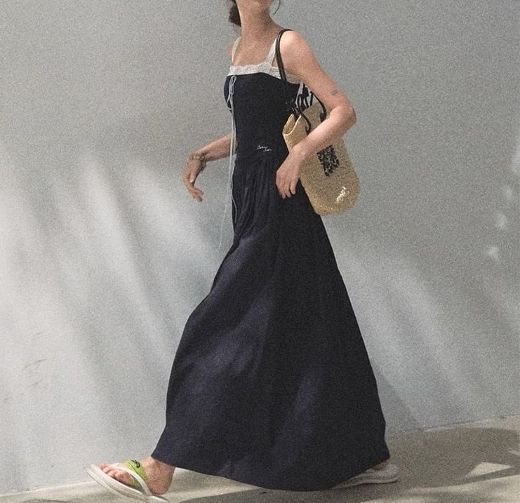 Spaghetti Strap Square Neck Plain Lace Trim A-Line Dress (Various Designs)