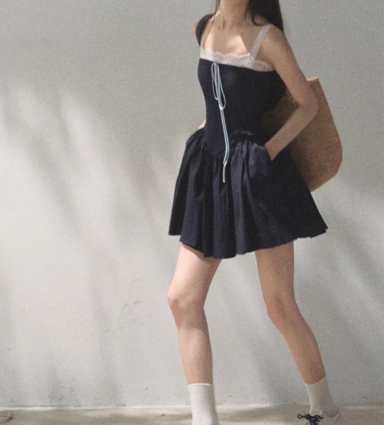 Spaghetti Strap Square Neck Plain Lace Trim A-Line Dress (Various Designs)