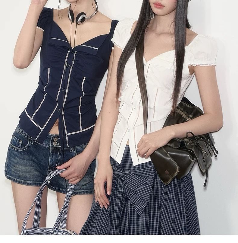 Short-Sleeve V-Neck Plain Ruched Blouse