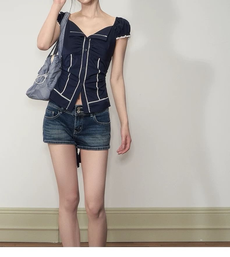 Short-Sleeve V-Neck Plain Ruched Blouse