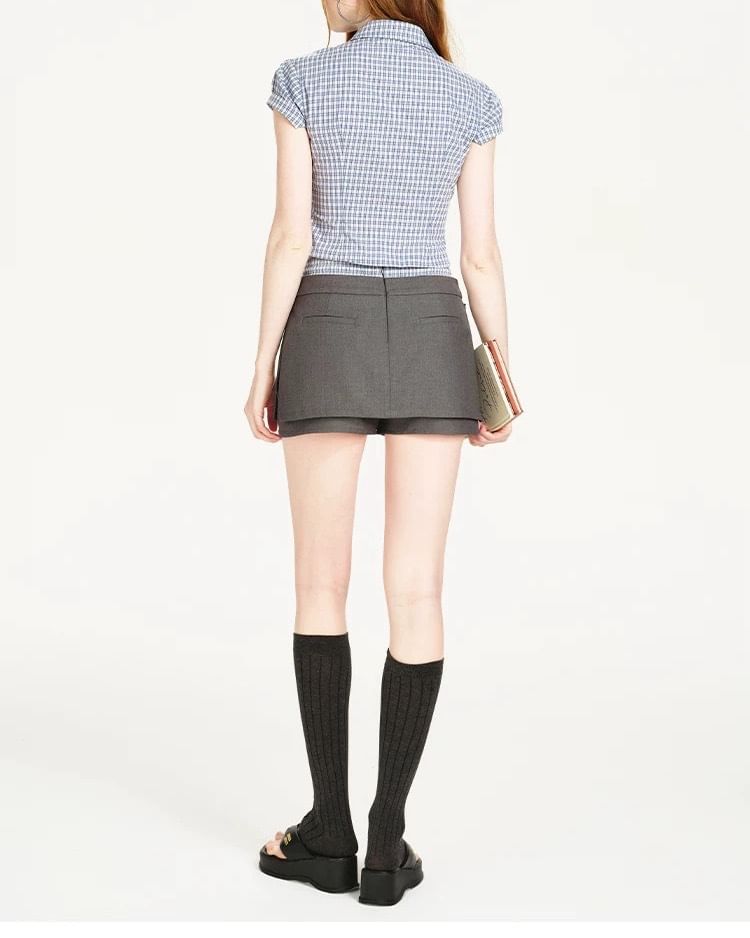 Short-Sleeve Collared Plaid Zip Shirt / High Waist Mock Two Piece Skorts / Set