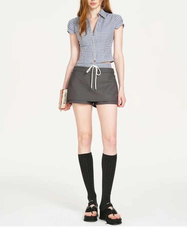 Short-Sleeve Collared Plaid Zip Shirt / High Waist Mock Two Piece Skorts / Set
