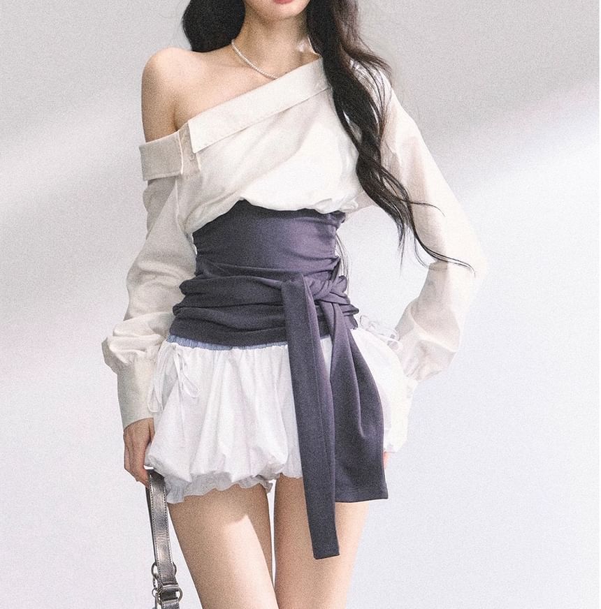 Off Shoulder Plain Blouse / Tube Top / Bubble Mini Skirt / Long-Sleeve Mock Two Piece Mini Bodycon Dress / Set