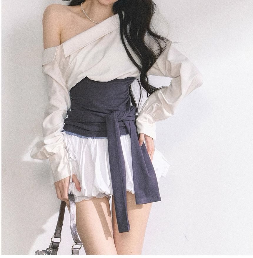 Off Shoulder Plain Blouse / Tube Top / Bubble Mini Skirt / Long-Sleeve Mock Two Piece Mini Bodycon Dress / Set
