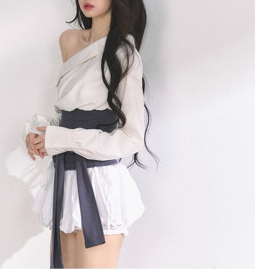 Off Shoulder Plain Blouse / Tube Top / Bubble Mini Skirt / Long-Sleeve Mock Two Piece Mini Bodycon Dress / Set