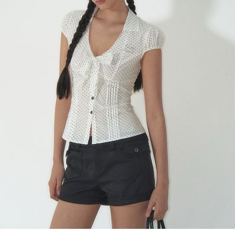 Short-Sleeve V-Neck Lettering Button Up Blouse