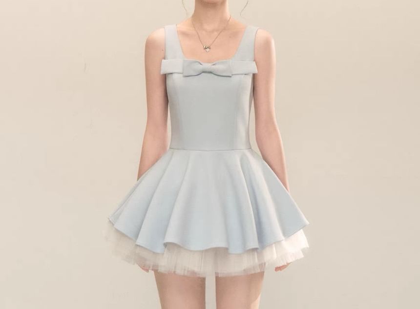 Sleeveless Square Neck Plain Bow Detail Mini A-Line Dress