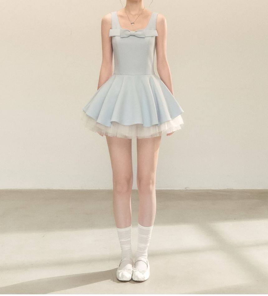 Sleeveless Square Neck Plain Bow Detail Mini A-Line Dress