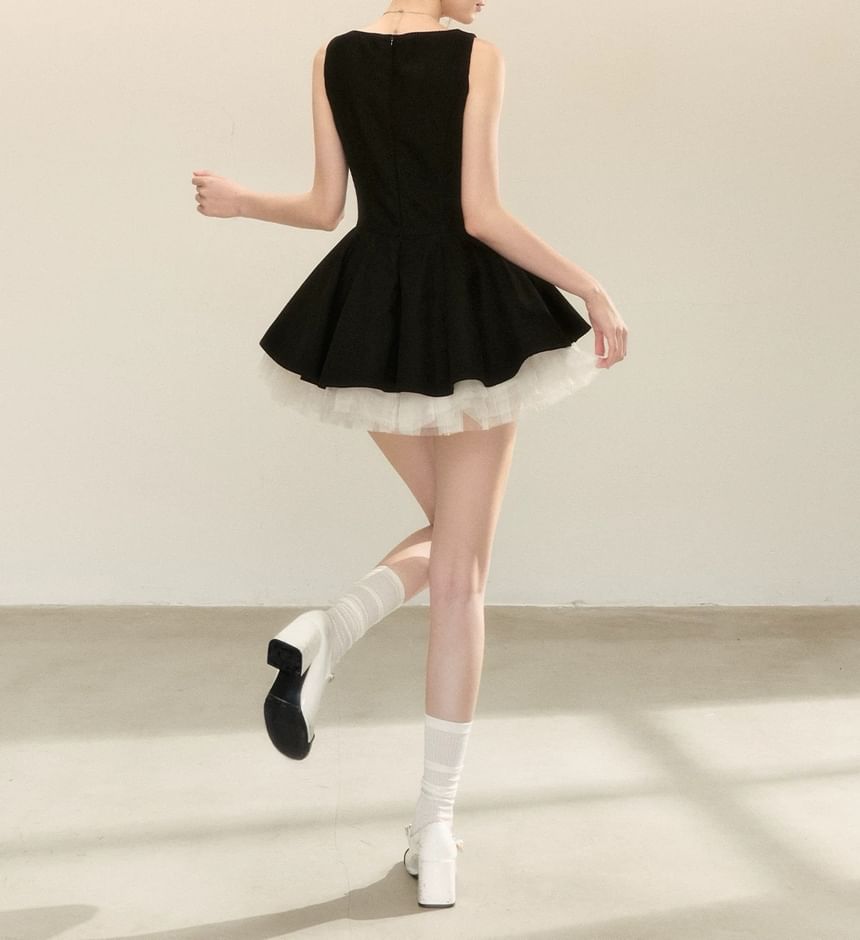 Sleeveless Square Neck Plain Bow Detail Mini A-Line Dress