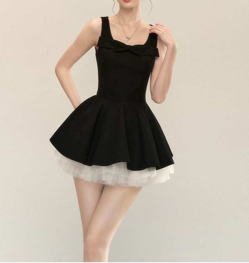 Sleeveless Square Neck Plain Bow Detail Mini A-Line Dress