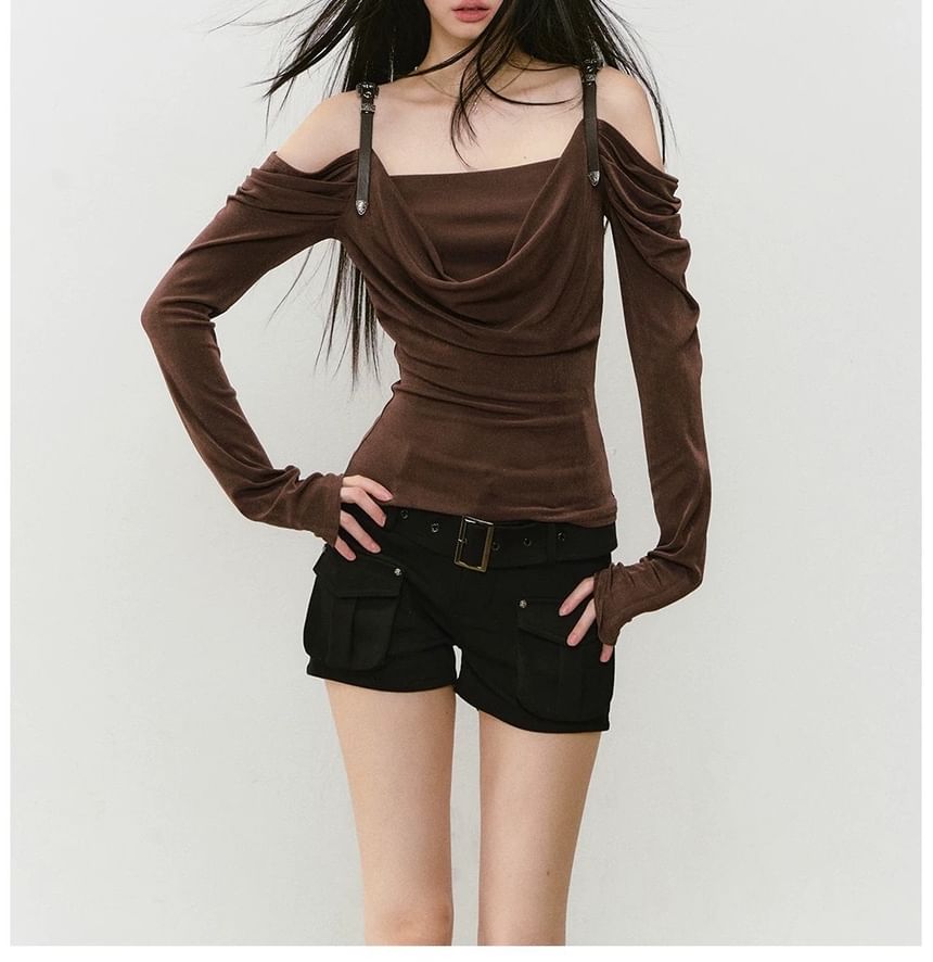 Long-Sleeve Off Shoulder Plain Ruched T-Shirt