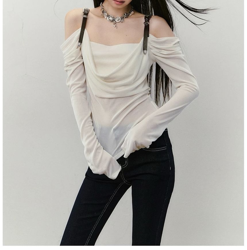 Long-Sleeve Off Shoulder Plain Ruched T-Shirt