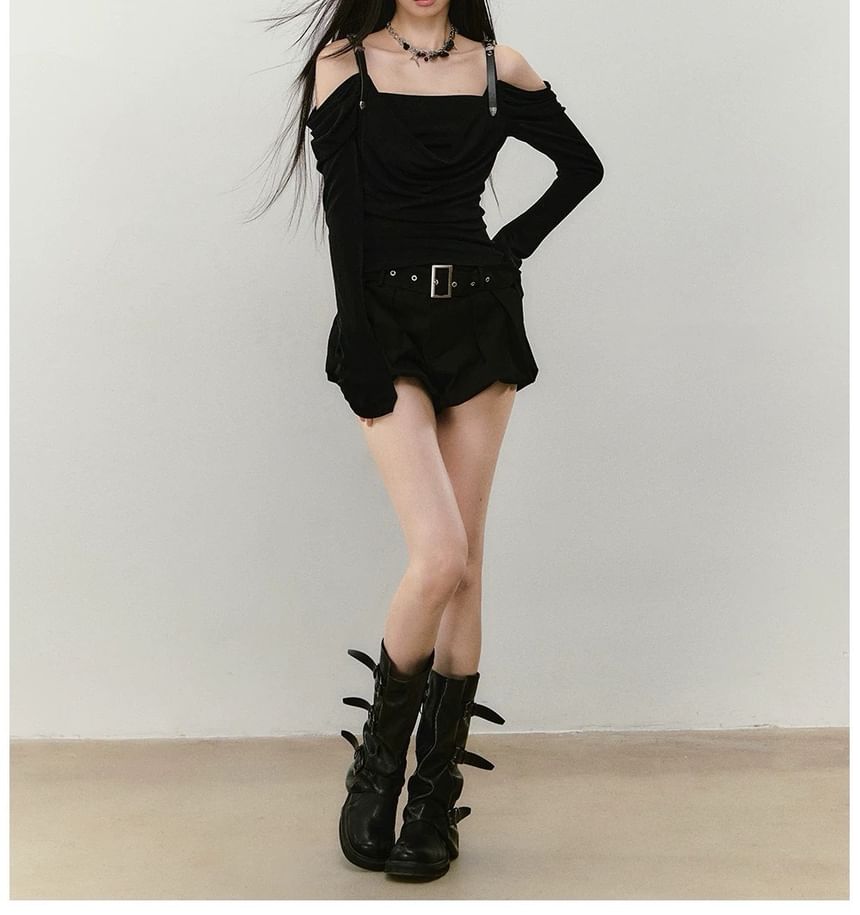 Long-Sleeve Off Shoulder Plain Ruched T-Shirt