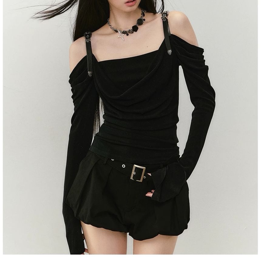 Long-Sleeve Off Shoulder Plain Ruched T-Shirt