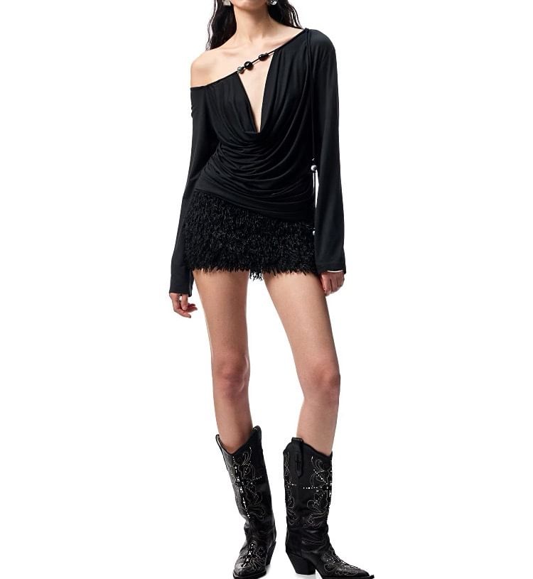 Long-Sleeve Off Shoulder Cowl Neck Plain Ruched T-Shirt