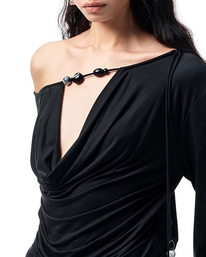 Long-Sleeve Off Shoulder Cowl Neck Plain Ruched T-Shirt