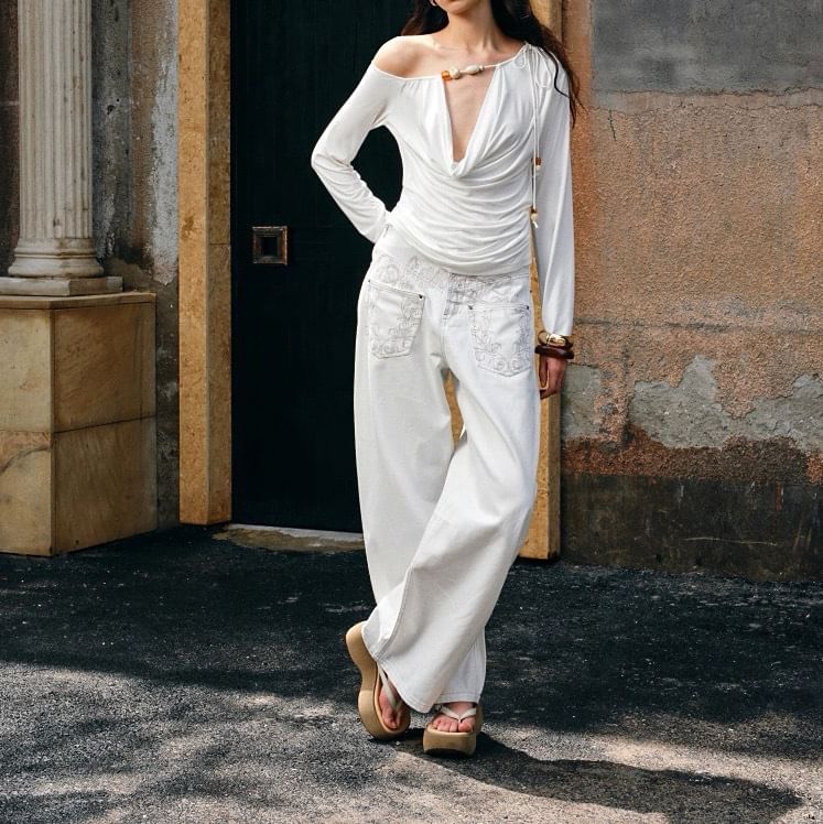 Long-Sleeve Off Shoulder Cowl Neck Plain Ruched T-Shirt