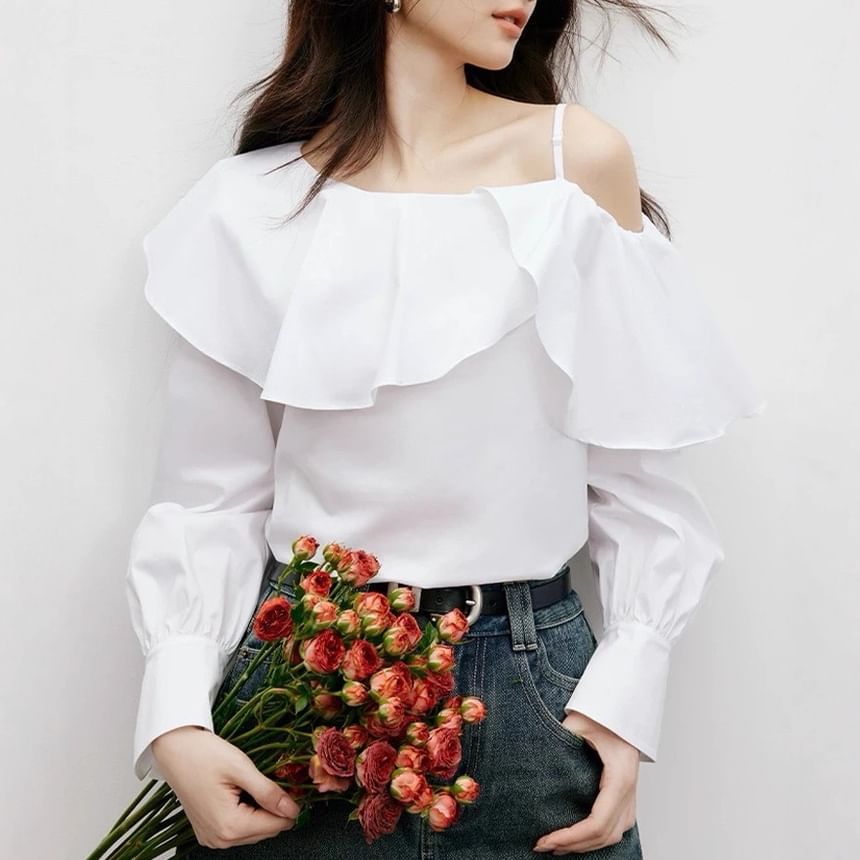 Long-Sleeve Cold Shoulder Plain Ruffle Trim Blouse