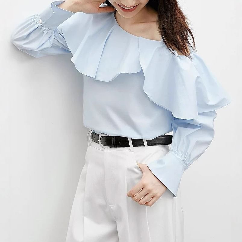 Long-Sleeve Cold Shoulder Plain Ruffle Trim Blouse
