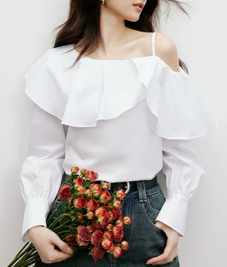 Long-Sleeve Cold Shoulder Plain Ruffle Trim Blouse