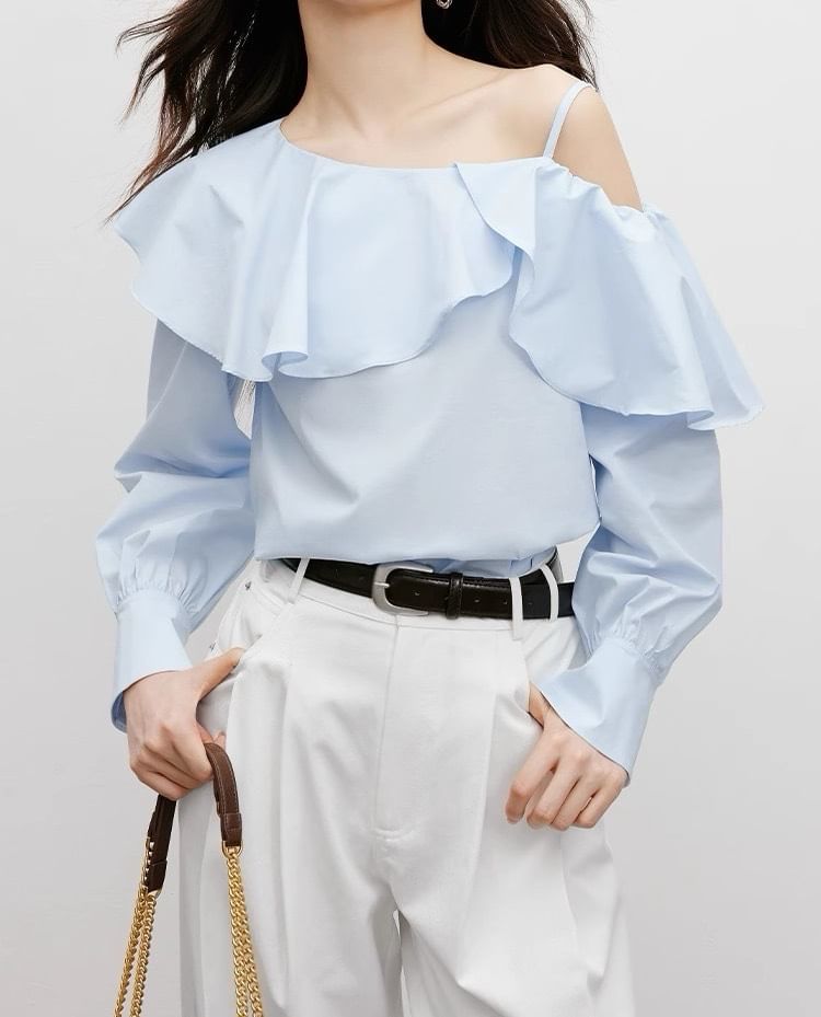 Long-Sleeve Cold Shoulder Plain Ruffle Trim Blouse