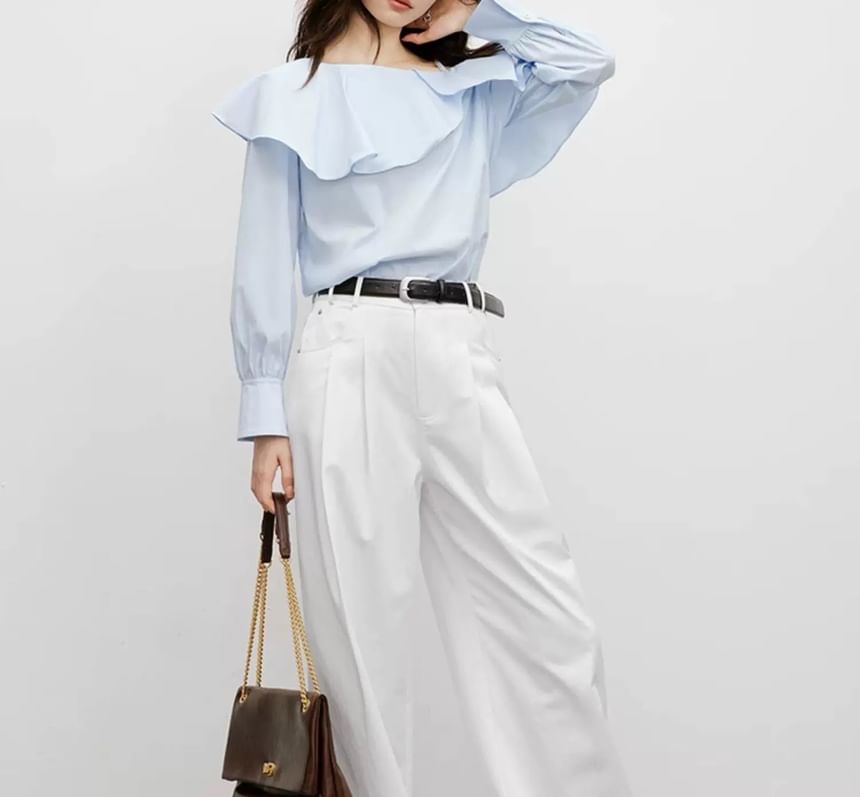 Long-Sleeve Cold Shoulder Plain Ruffle Trim Blouse
