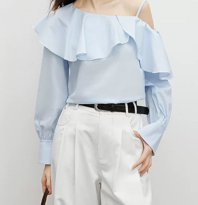 Long-Sleeve Cold Shoulder Plain Ruffle Trim Blouse