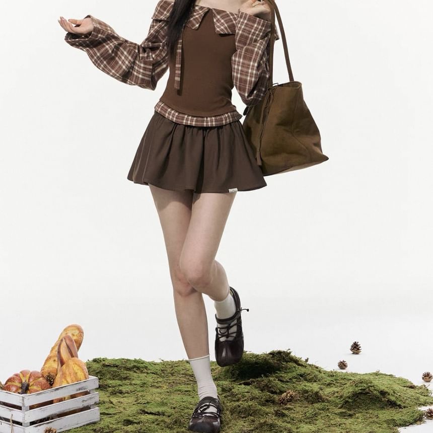 Long-Sleeve Off Shoulder Plaid Panel Blouse / High Rise Mini A-Line Skirt