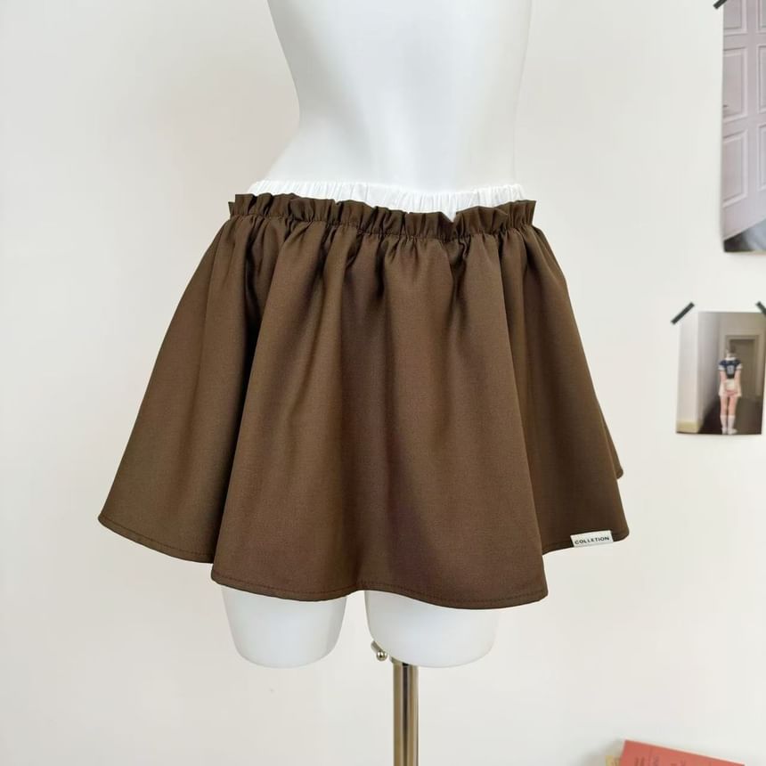 Long-Sleeve Off Shoulder Plaid Panel Blouse / High Rise Mini A-Line Skirt