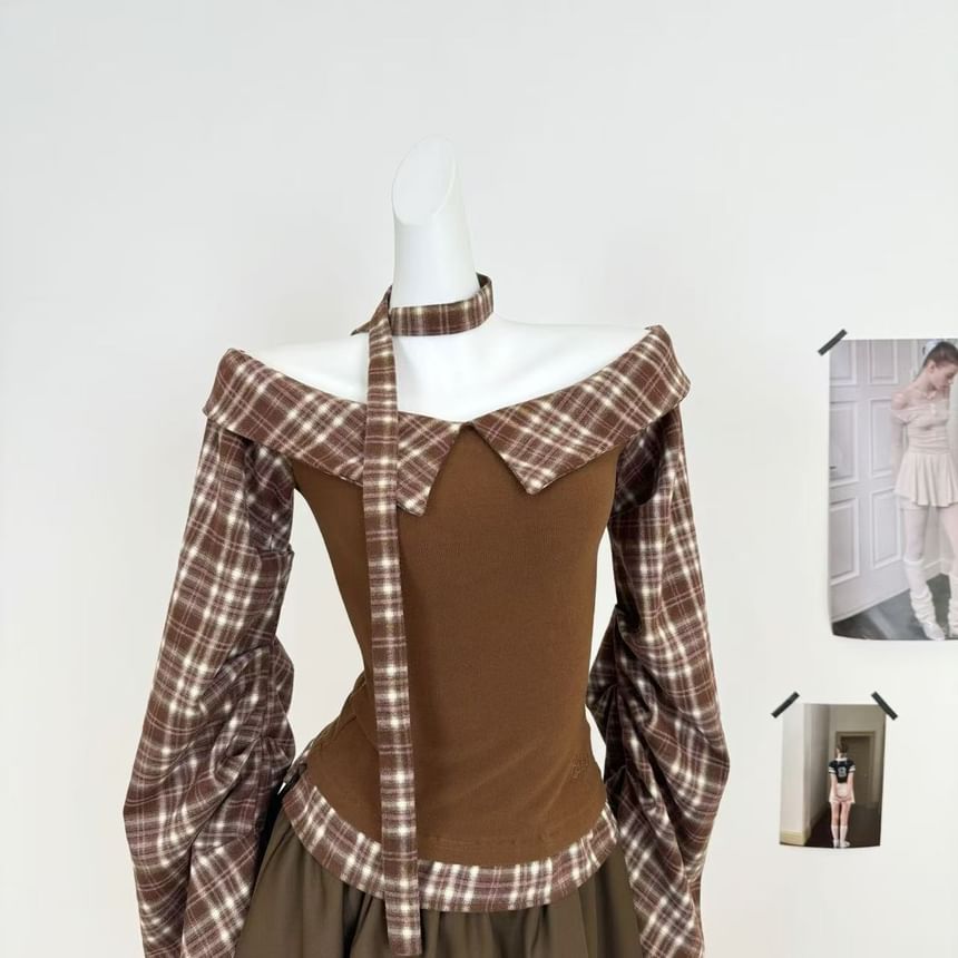 Long-Sleeve Off Shoulder Plaid Panel Blouse / High Rise Mini A-Line Skirt