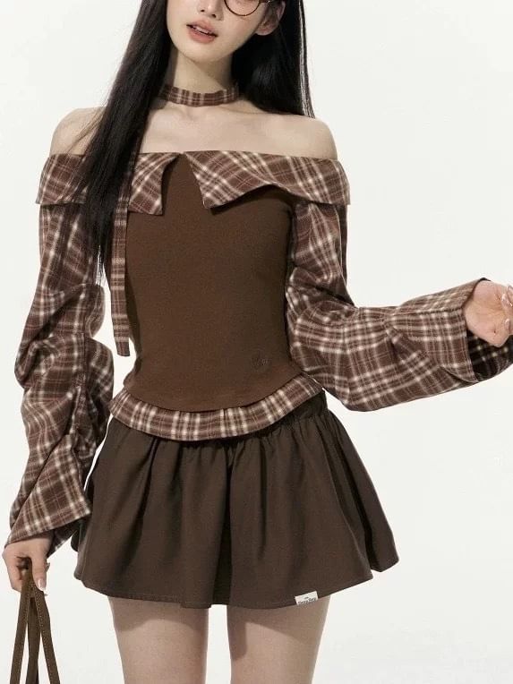 Long-Sleeve Off Shoulder Plaid Panel Blouse / High Rise Mini A-Line Skirt