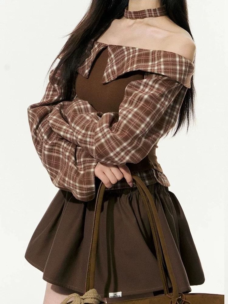 Long-Sleeve Off Shoulder Plaid Panel Blouse / High Rise Mini A-Line Skirt
