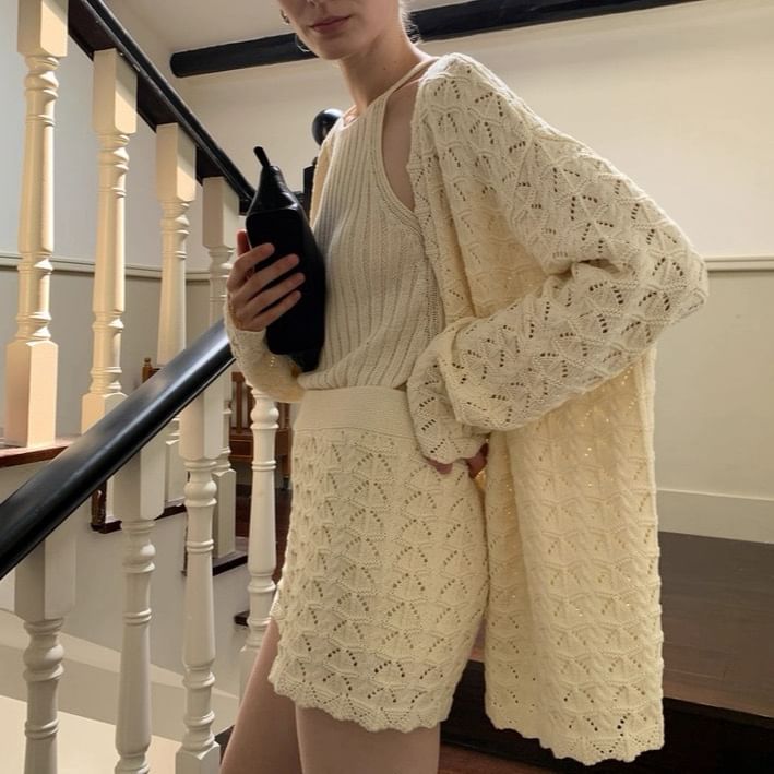 Spaghetti Strap Plain Knit Camisole Top / High Waist Shorts / Pointelle Cardigan / Set