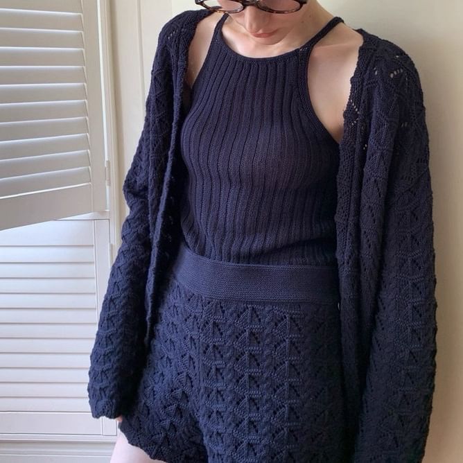 Spaghetti Strap Plain Knit Camisole Top / High Waist Shorts / Pointelle Cardigan / Set