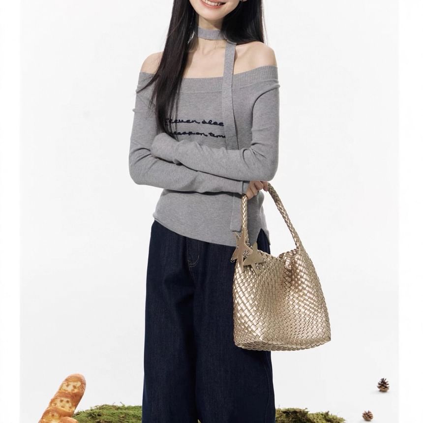 Long-Sleeve Off Shoulder Lettering T-Shirt