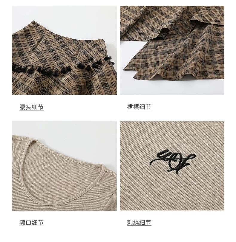 Lapel Collar Plain Single Breasted Blazer / High Waist Plaid Maxi A-Line Skirt / Long-Sleeve Plain Tee