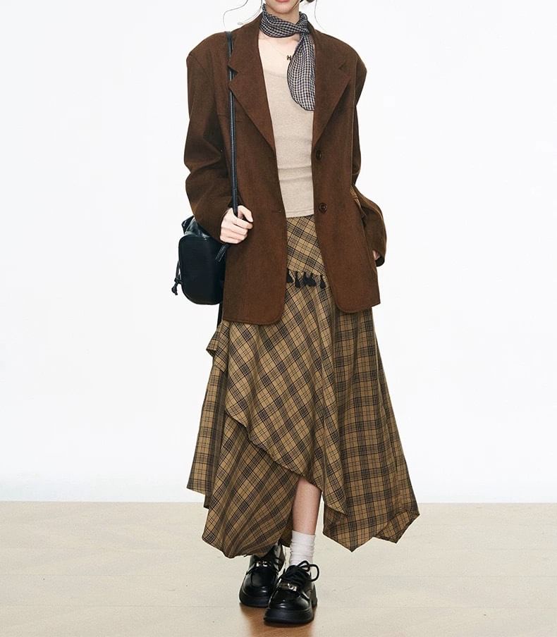 Lapel Collar Plain Single Breasted Blazer / High Waist Plaid Maxi A-Line Skirt / Long-Sleeve Plain Tee