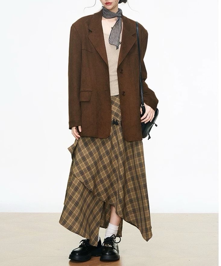 Lapel Collar Plain Single Breasted Blazer / High Waist Plaid Maxi A-Line Skirt / Long-Sleeve Plain Tee