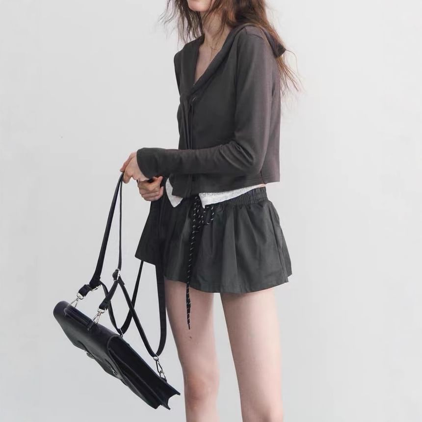 Hooded Plain Button Up Top / Drawstring Waist Plain Mini A-Line Skirt