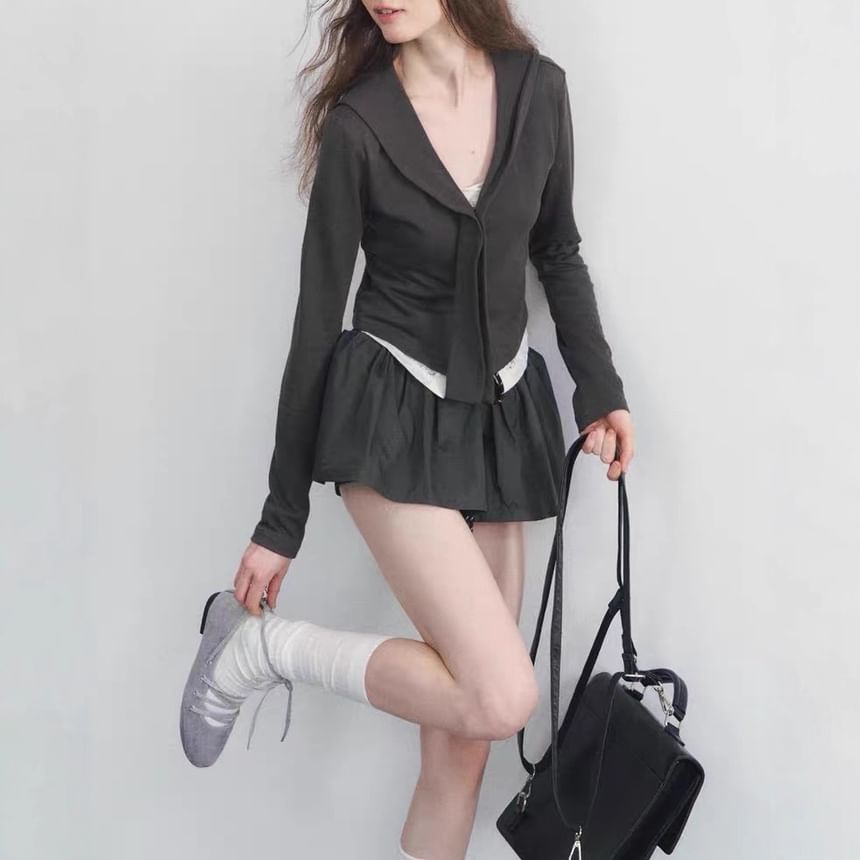 Hooded Button Top & Drawstring Mini A-Line Skirt