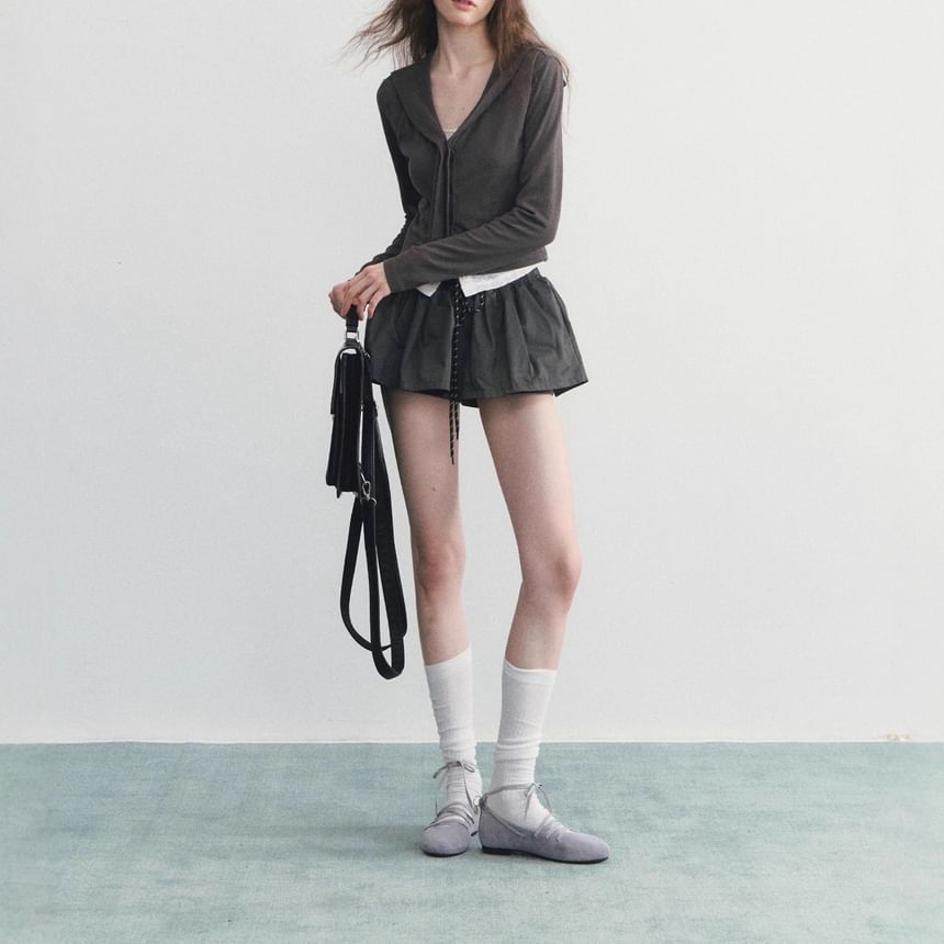 Hooded Button Top & Drawstring Mini A-Line Skirt
