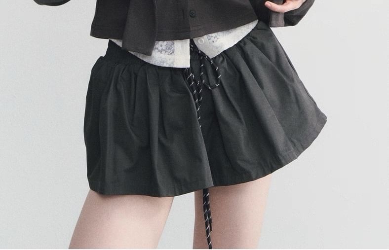Hooded Button Top & Drawstring Mini A-Line Skirt