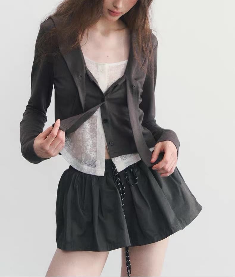 Hooded Plain Button Up Top / Drawstring Waist Plain Mini A-Line Skirt