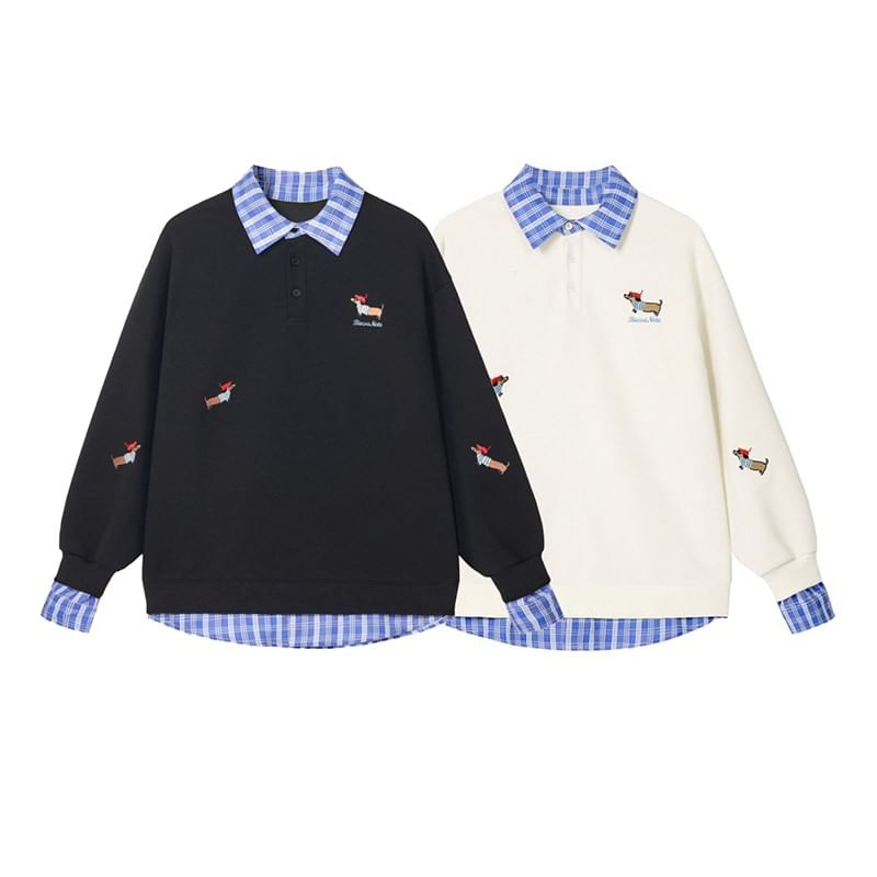 Plaid Trim Dog Embroidered Mock Two-Piece Pullover