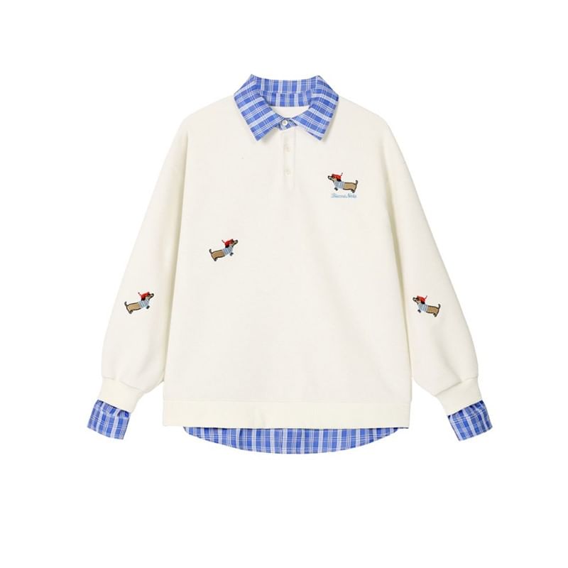 Plaid Trim Dog Embroidered Mock Two-Piece Pullover