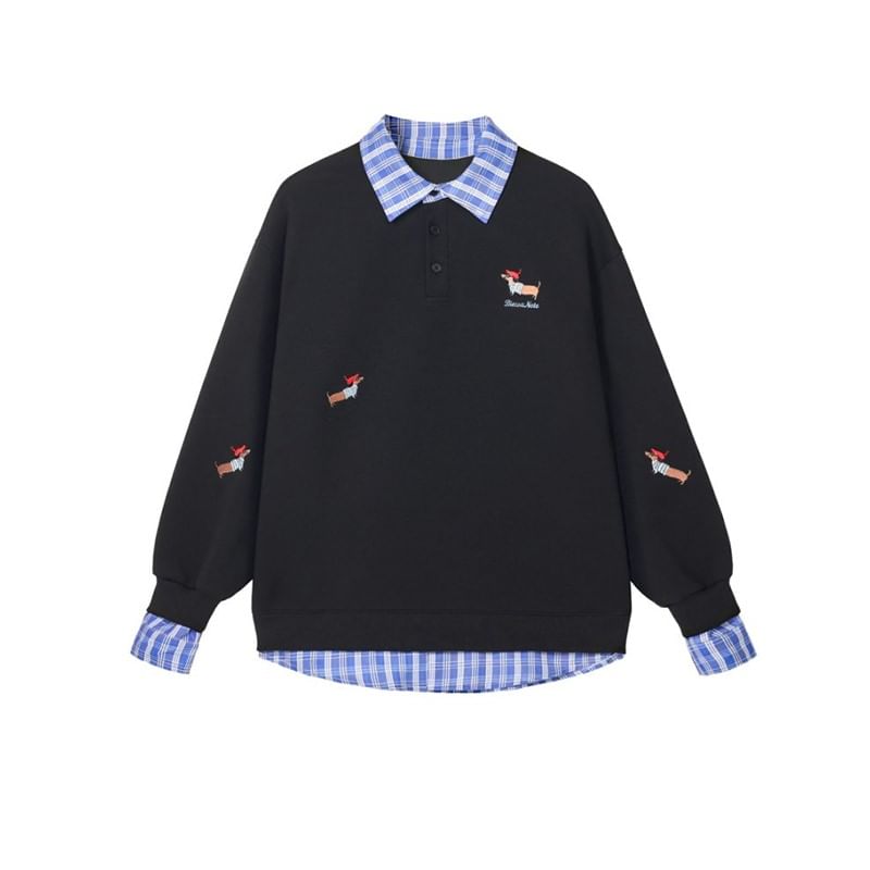 Plaid Trim Dog Embroidered Mock Two-Piece Pullover
