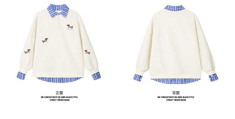 Plaid Trim Dog Embroidered Mock Two-Piece Pullover