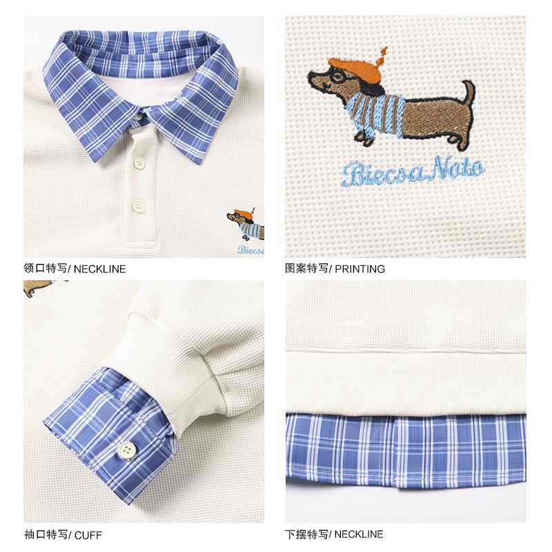Plaid Trim Dog Embroidered Mock Two-Piece Pullover