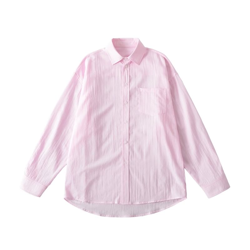 Plain Collared Long-Sleeved Button-Up Shirt